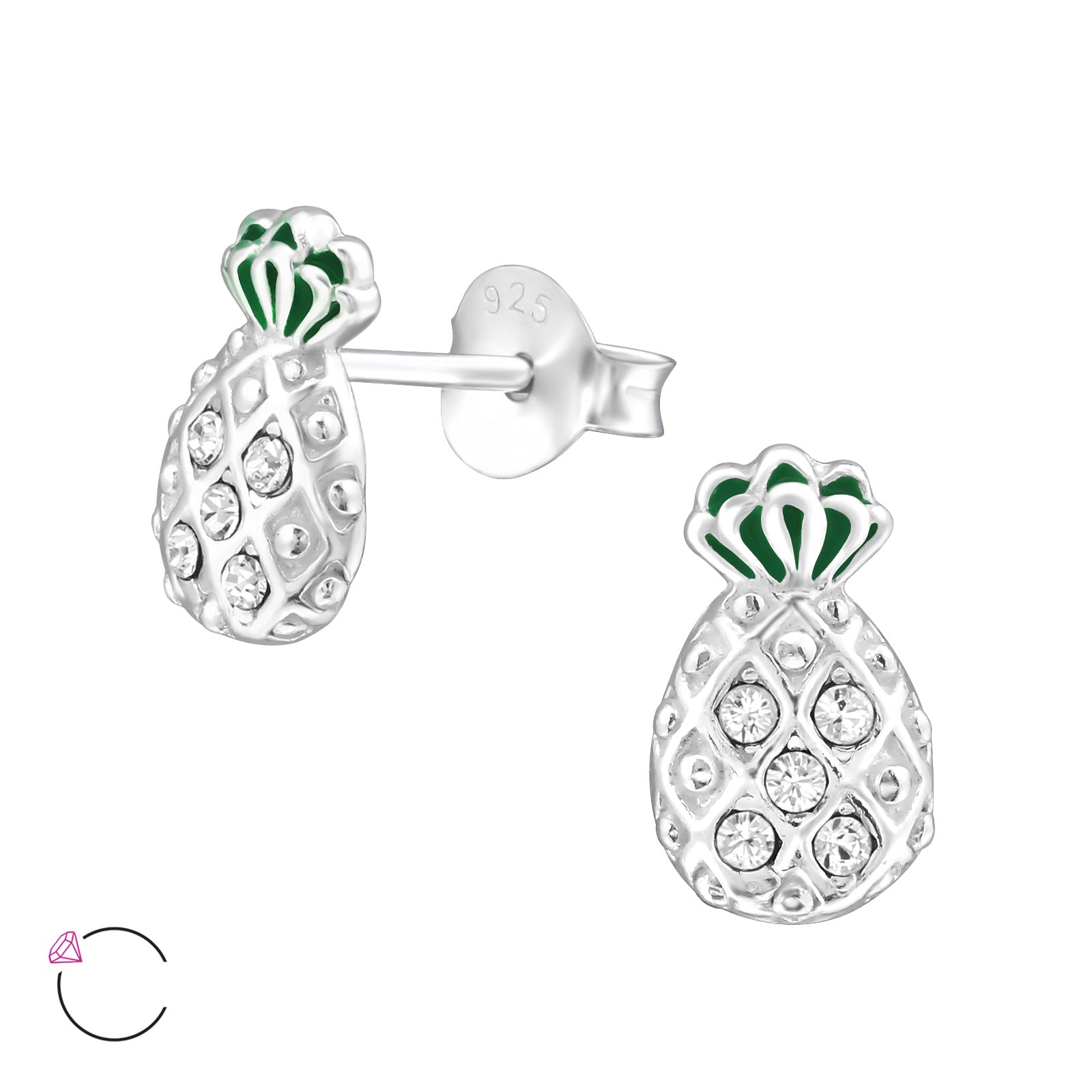 Melchior Jewellery sterling silver pineapple stud earrings with green enamel leaves and clear crystals
