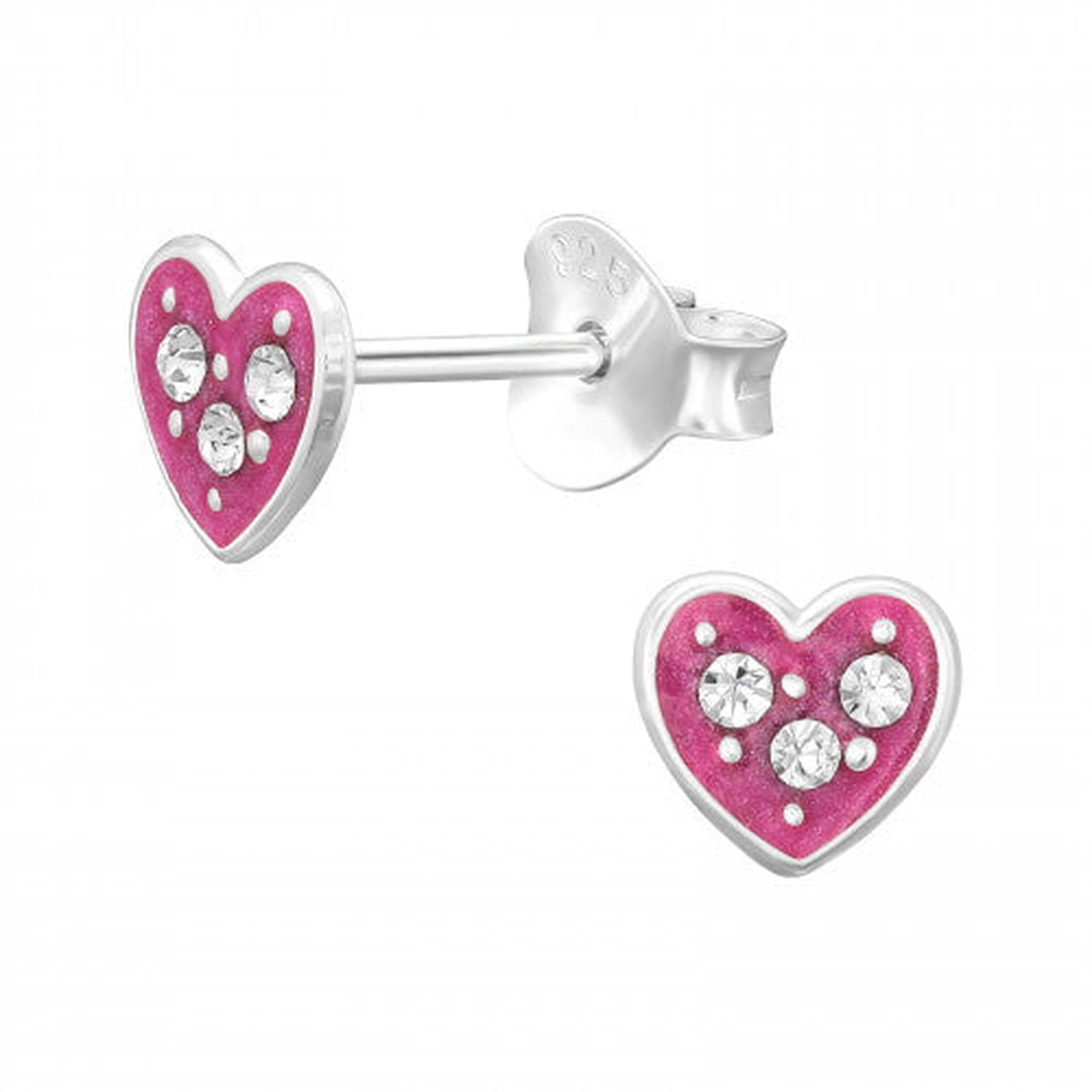 Melchior Jewellery sterling silver pink heart earrings with sparkling crystals and vivid pink enamel finish