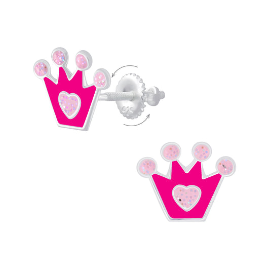 Sterling silver princess earrings for kids by Melchior Jewellery in pink crown design with heart detail