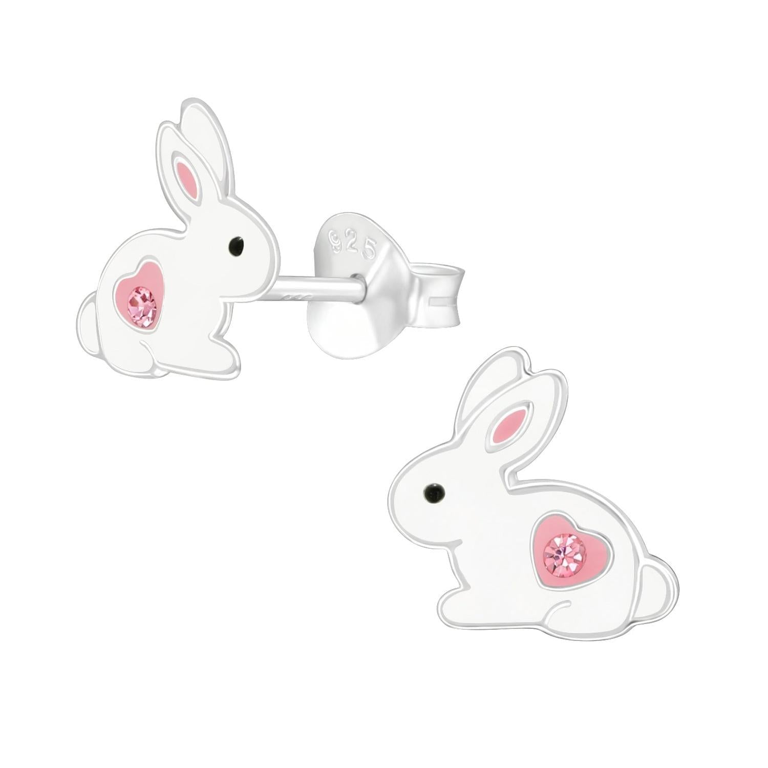 Melchior Jewellery Sterling Silver Rabbit Earrings for children with pink heart detail and crystal embellishment