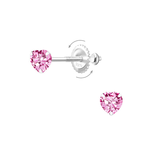 Melchior Jewellery sterling silver screw back earrings for kids with pink heart-shaped gemstones