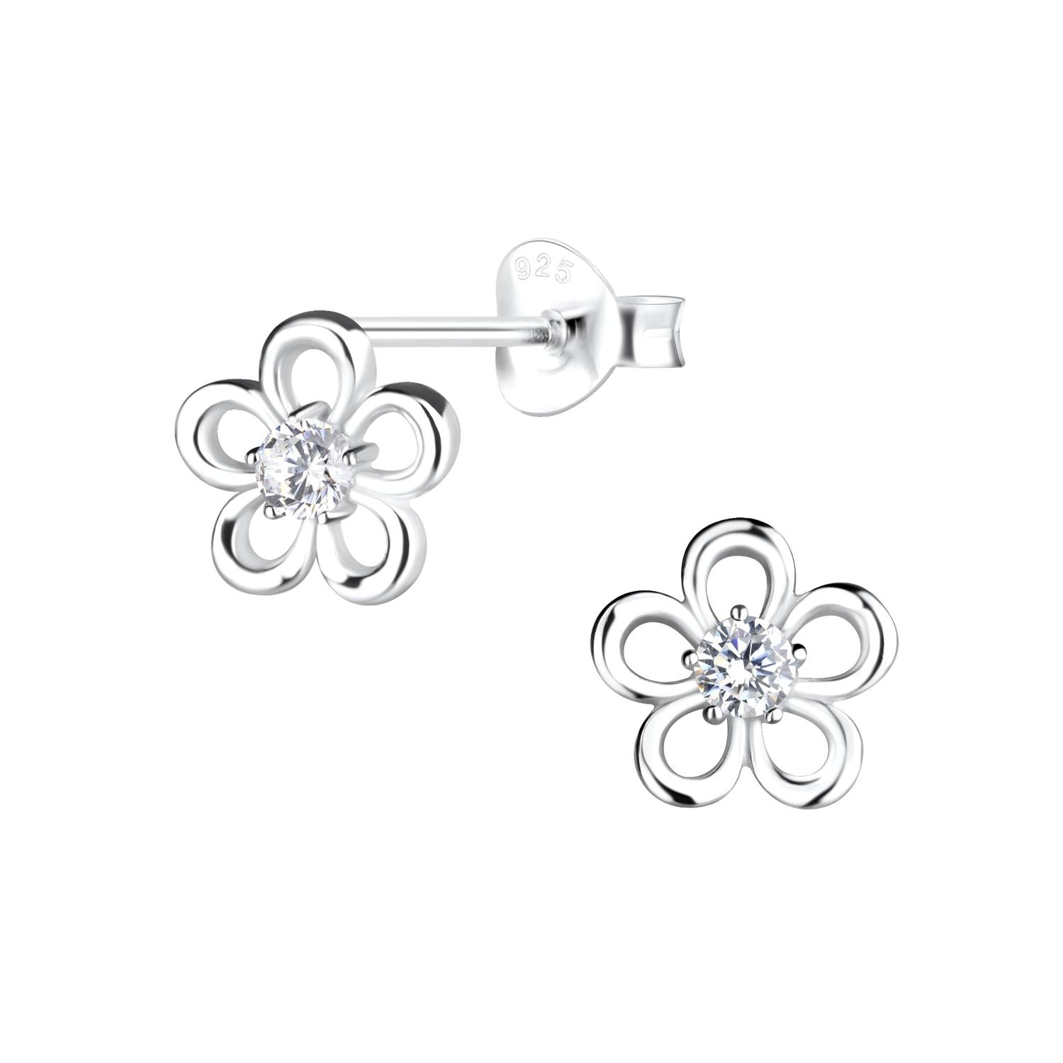 Sterling Silver Small CZ Flower Earrings by Melchior Jewellery with clear cubic zirconia centre and polished silver petals