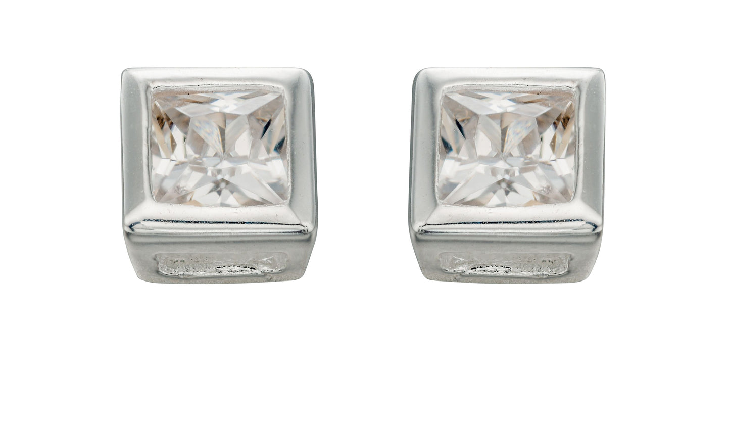 Melchior Jewellery sterling silver square stud earrings with clear princess cut cubic zirconia stones