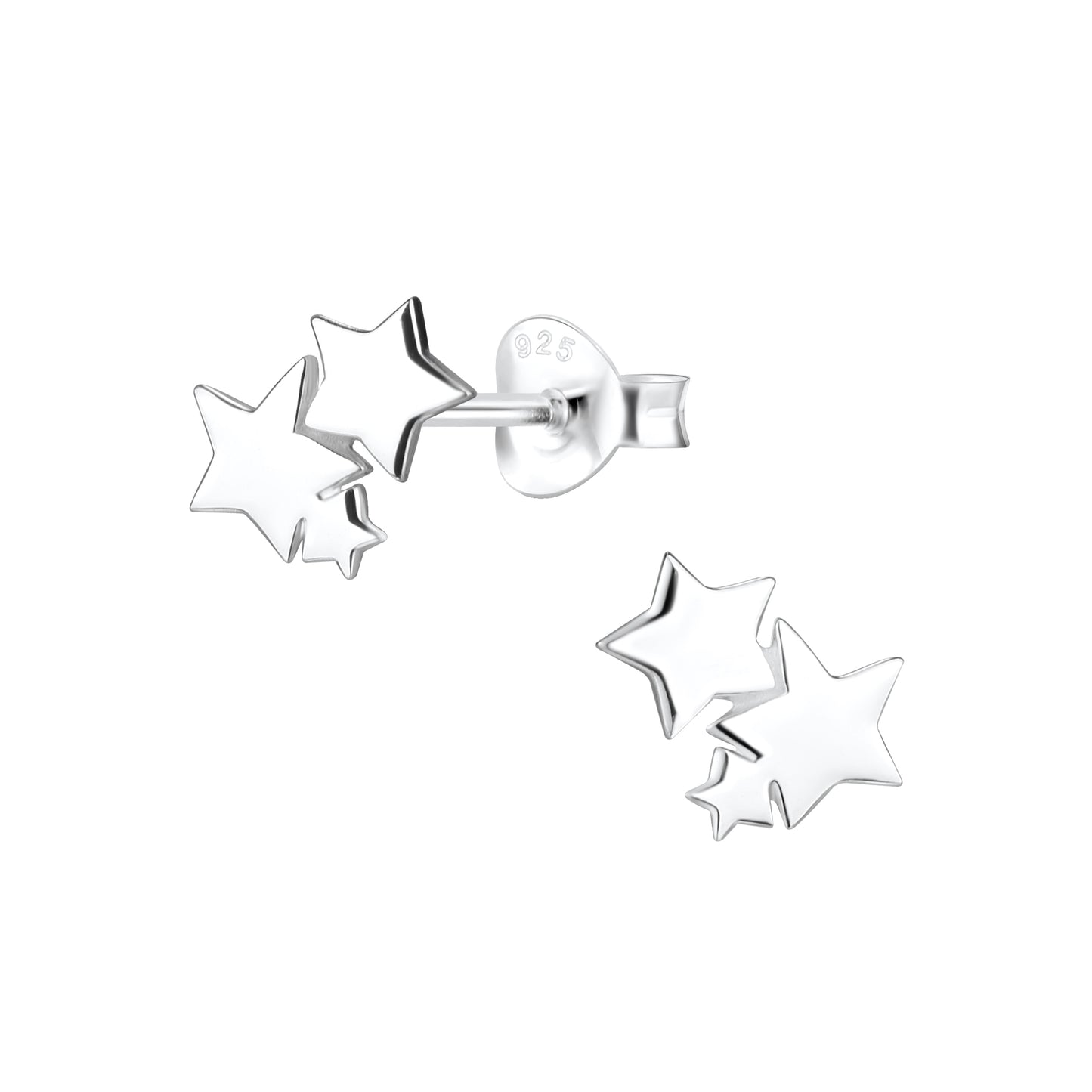 Sterling silver star stud earrings by Melchior Jewellery featuring three polished star shapes