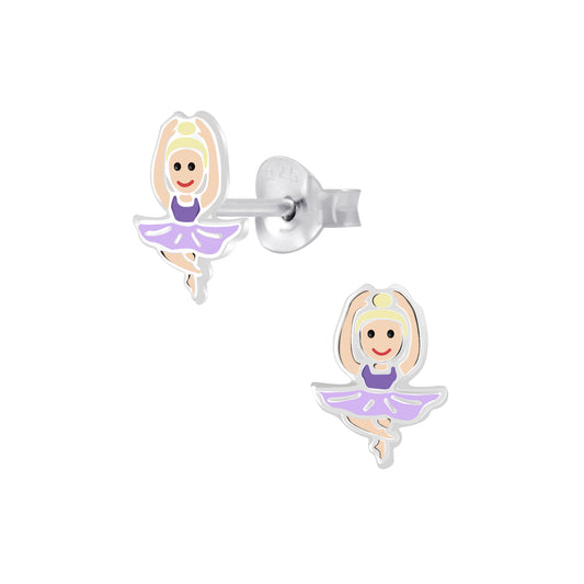 Melchior Jewellery sterling silver stud earrings for kids featuring cute ballerina design in purple dress