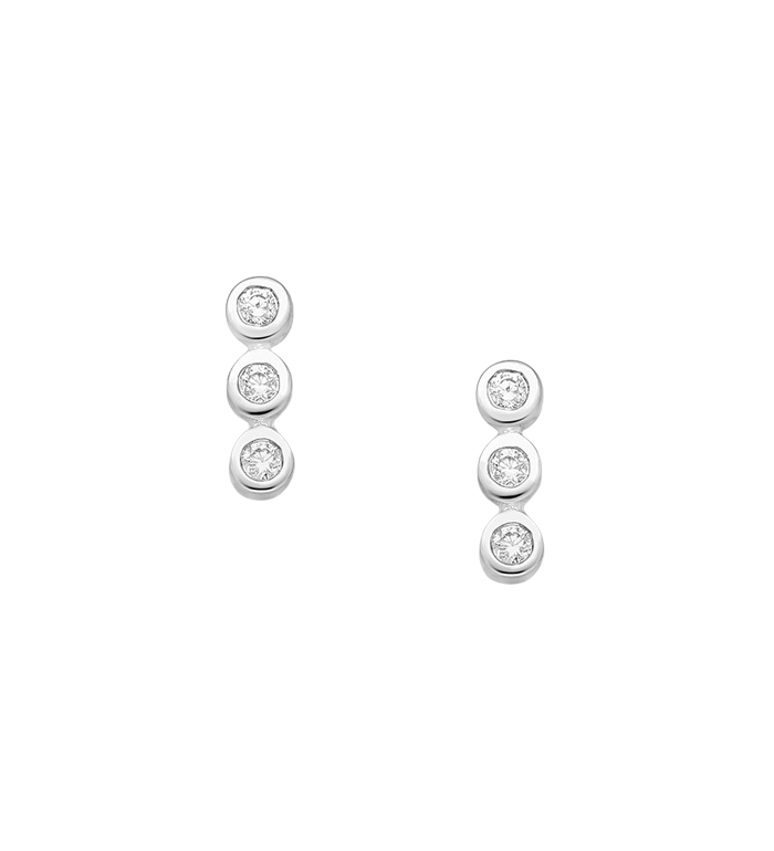 Melchior Jewellery sterling silver triple CZ stud earrings with three round cubic zirconia stones on black background