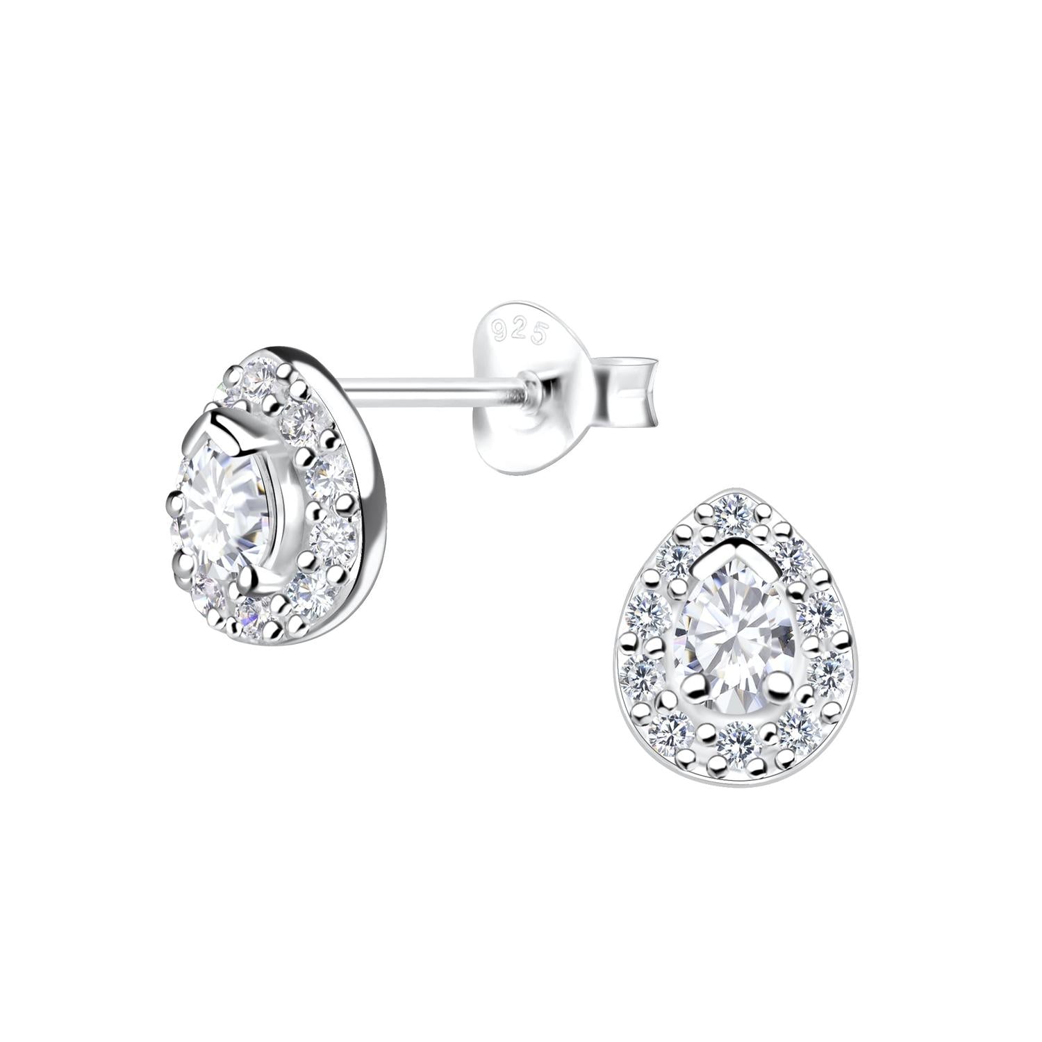 Melchior Jewellery Sterling Teardrop Stud Earrings in silver with sparkling clear cubic zirconia stones