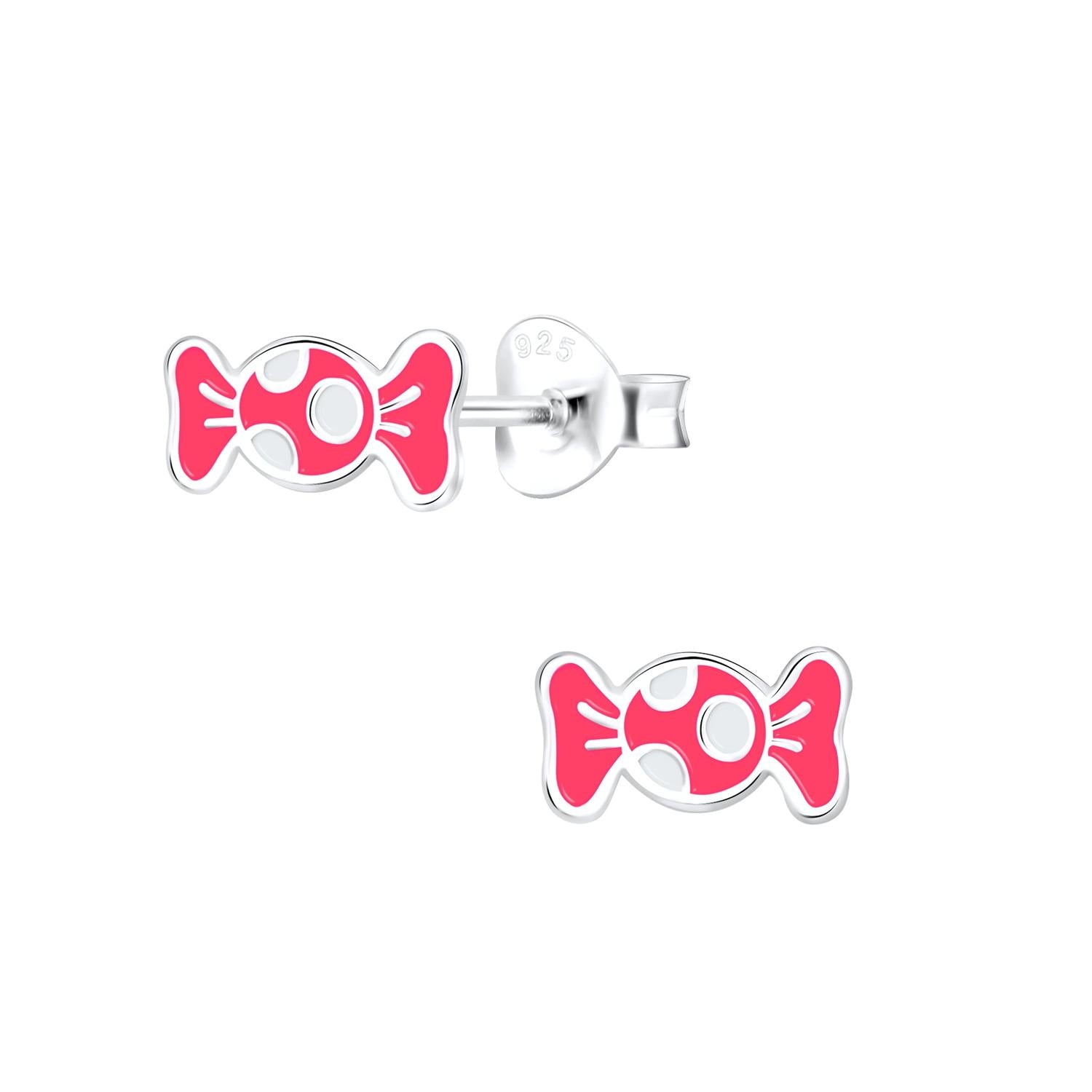 Sweet candy stud earrings for girls in silver with pink and white enamel by Melchior Jewellery