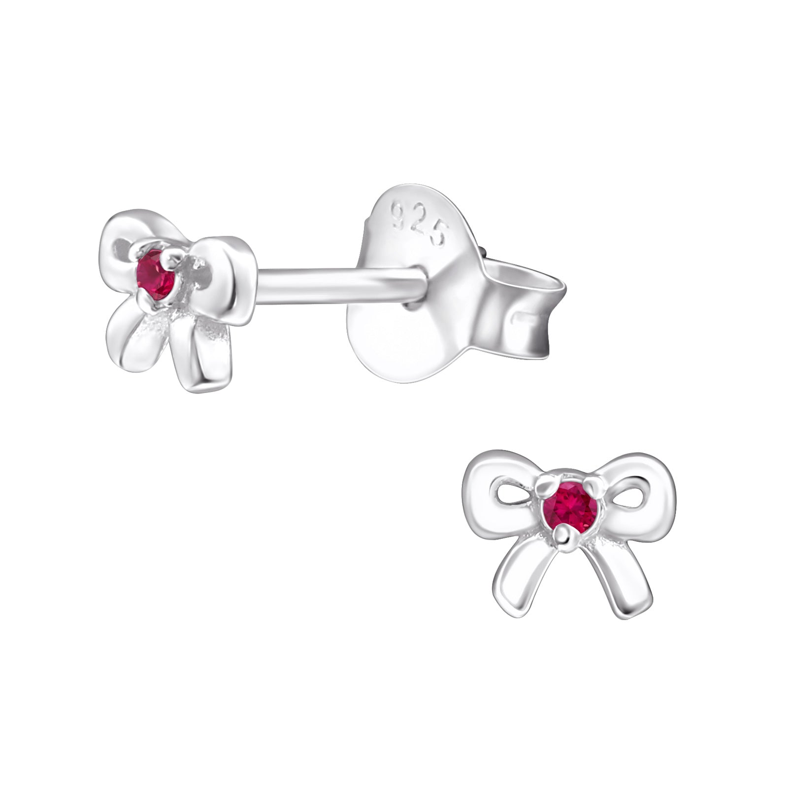 Tiny bow sterling silver children's earrings with red gemstone centre by Melchior Jewellery