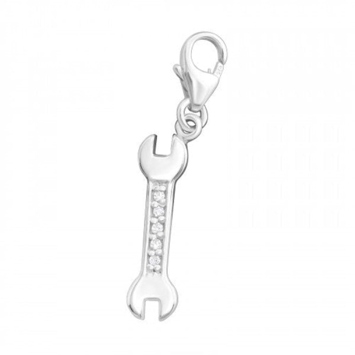 Silver tool clip on charm for bracelets shaped like a wrench with small embedded crystals by Melchior Jewellery