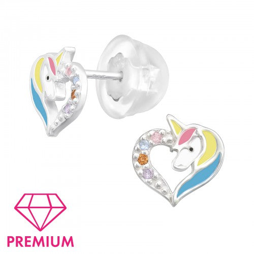 Melchior Jewellery unicorn earrings for girls with colourful enamel and sparkling stones in heart shape