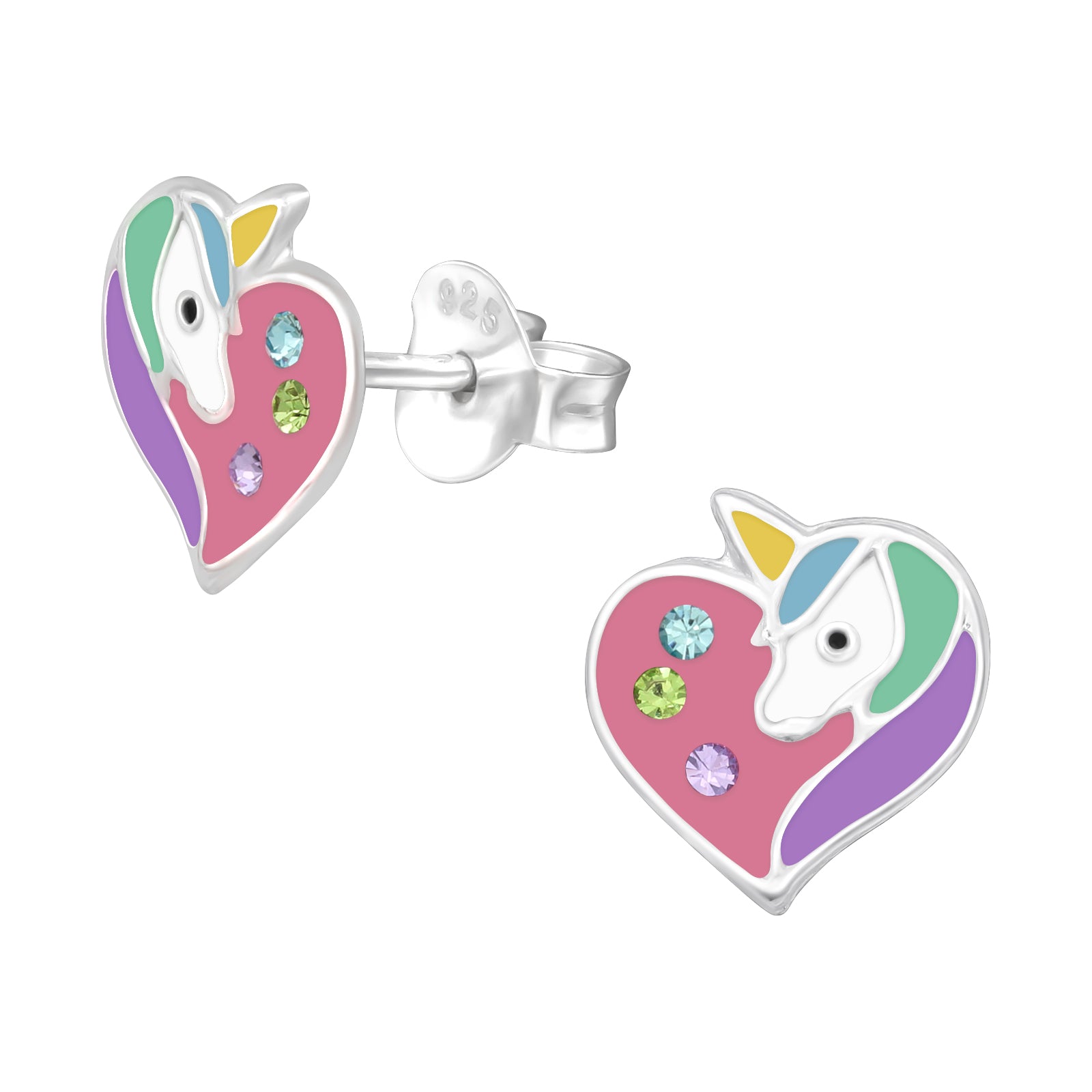 Melchior Jewellery unicorn heart crystal stud earrings for kids with colourful unicorn design and crystals
