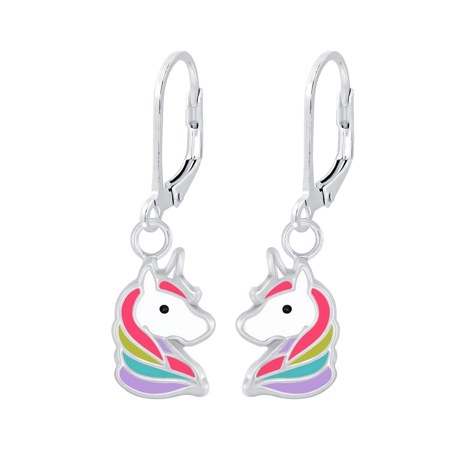 Melchior Jewellery childrens Unicorn Leverback Earrings in silver with colourful enamel unicorn design