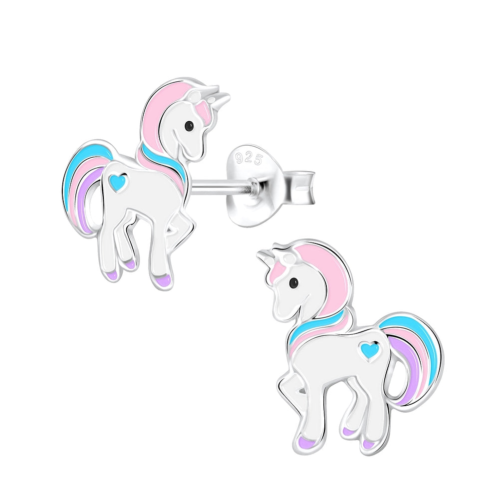 Melchior Jewellery unicorn stud earrings for girls in silver with pink blue and purple details