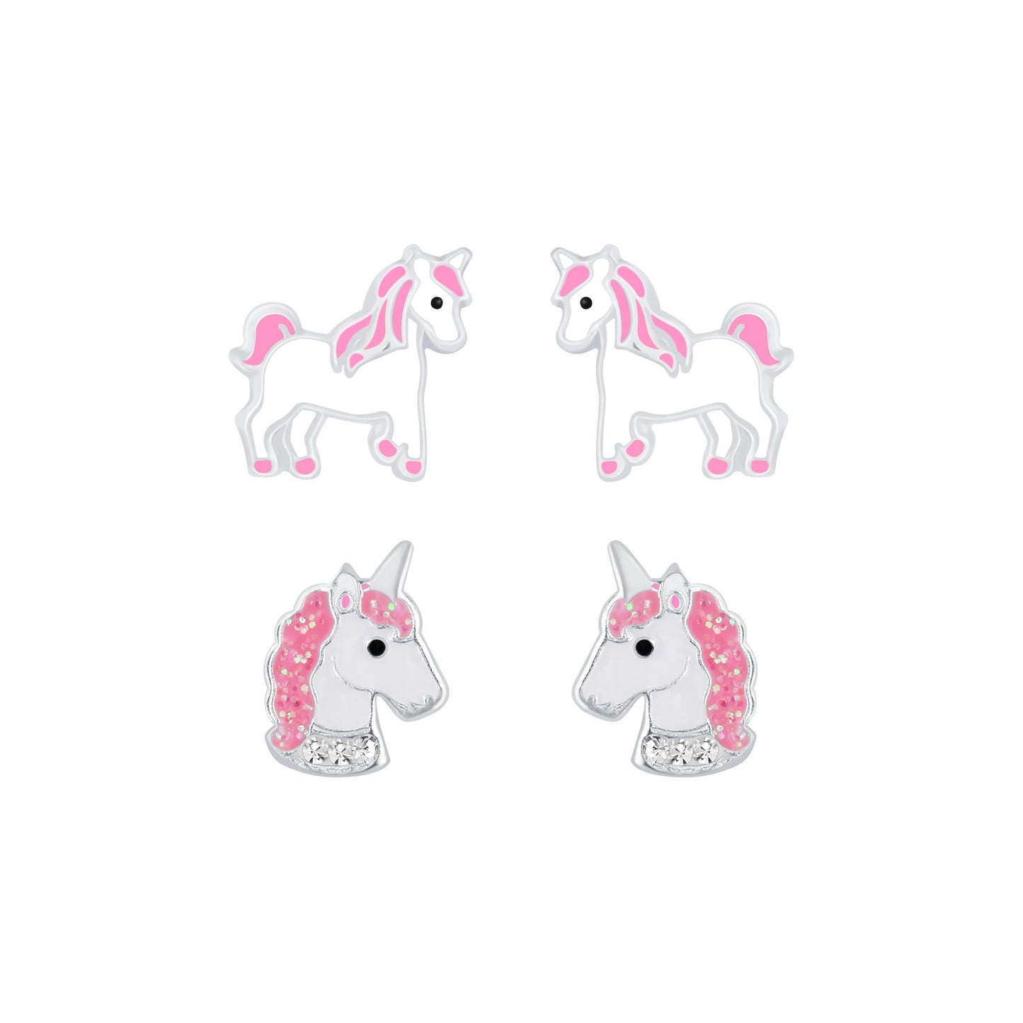 Melchior Jewellery unicorn stud earrings for kids featuring colourful pink and silver unicorn designs