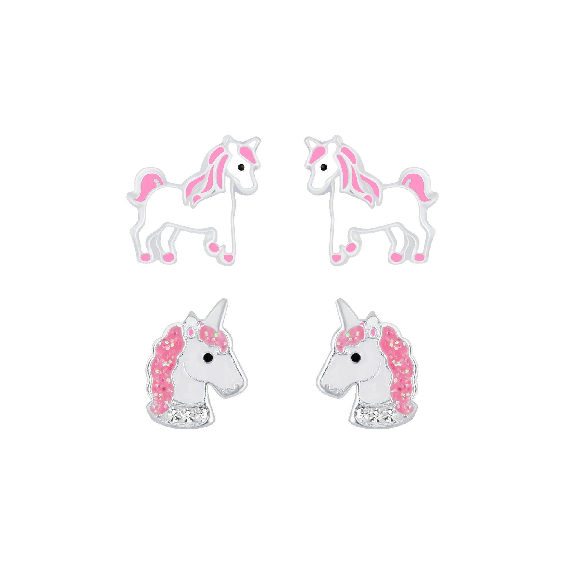 Melchior Jewellery unicorn stud earrings for kids featuring colourful pink and silver unicorn designs