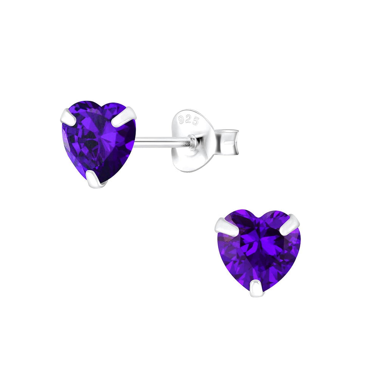 Melchior Jewellery Violet CZ Heart Stud Earrings with silver prong setting and vibrant purple stones