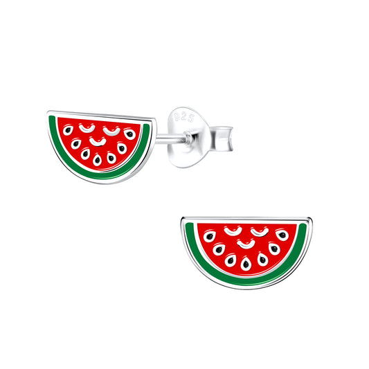 Melchior Jewellery watermelon stud earrings for kids in silver with colourful red and green enamel design