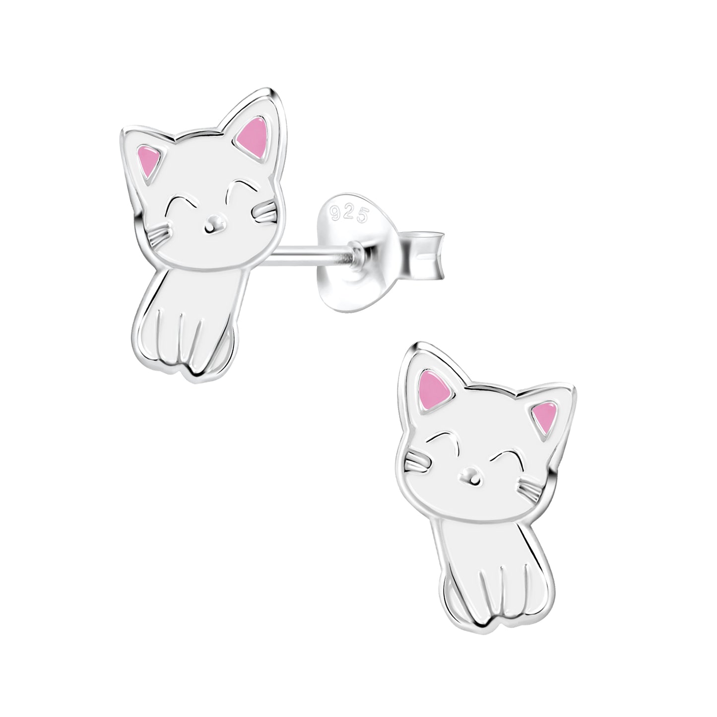 White cat stud earrings for kids by Melchior Jewellery featuring cute silver kitten design with pink ears