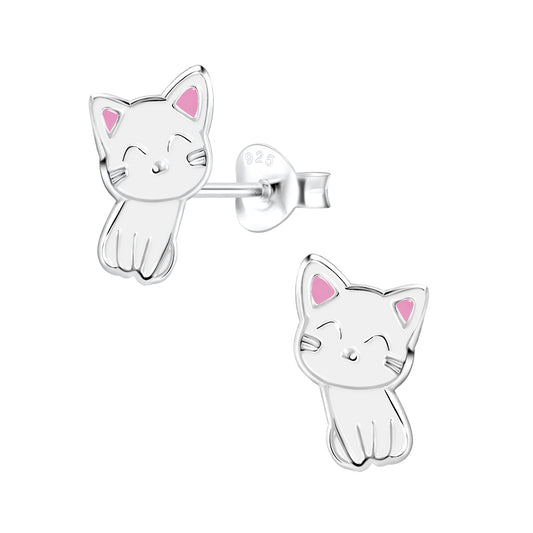 White cat stud earrings for kids by Melchior Jewellery featuring cute silver kitten design with pink ears