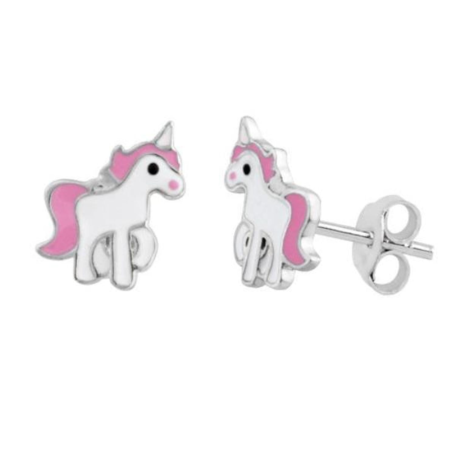 White unicorn earrings for girls by Melchior Jewellery with pink mane and silver accents