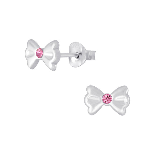 Melchior Jewellery October birthstone earrings for kids silver bow design with pink gemstone studs
