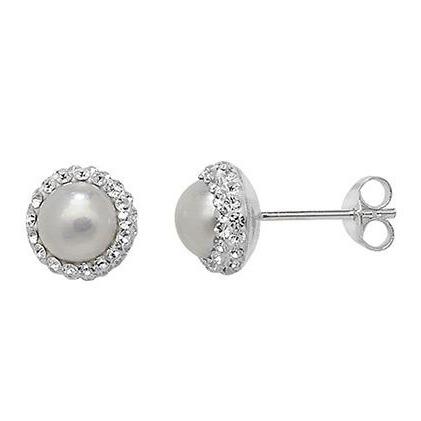 Sterling Silver Cubic Zirconia & Pearl Stud Earrings