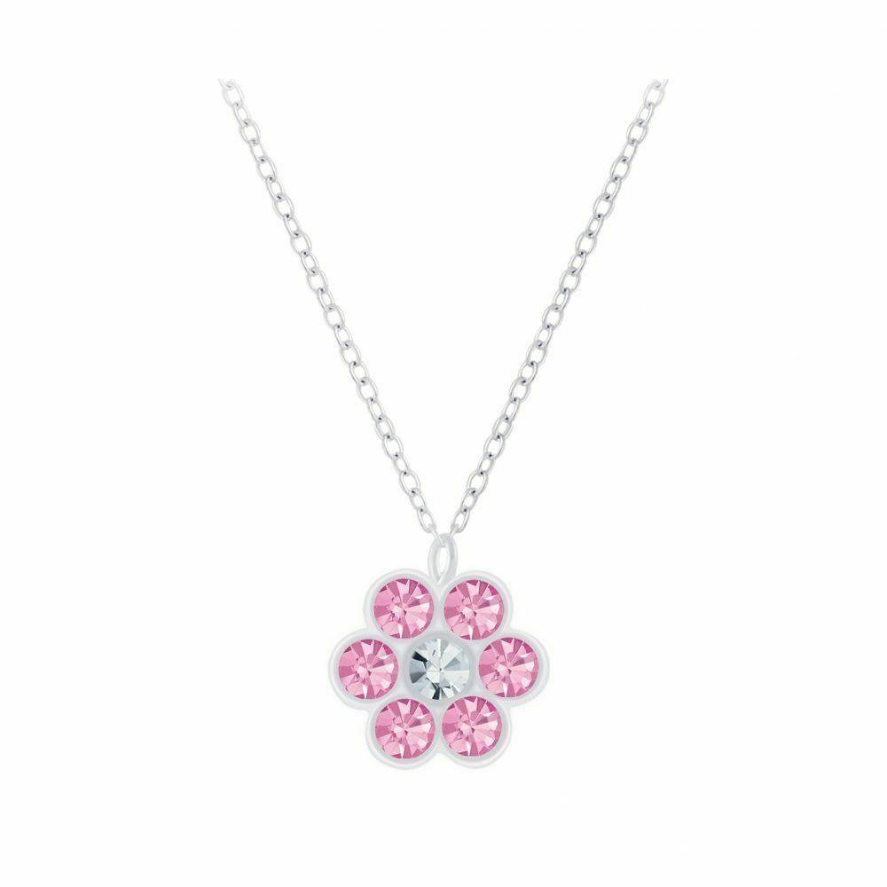 Melchior Jewellery pink crystal necklace for kids with silver flower pendant and pink stones