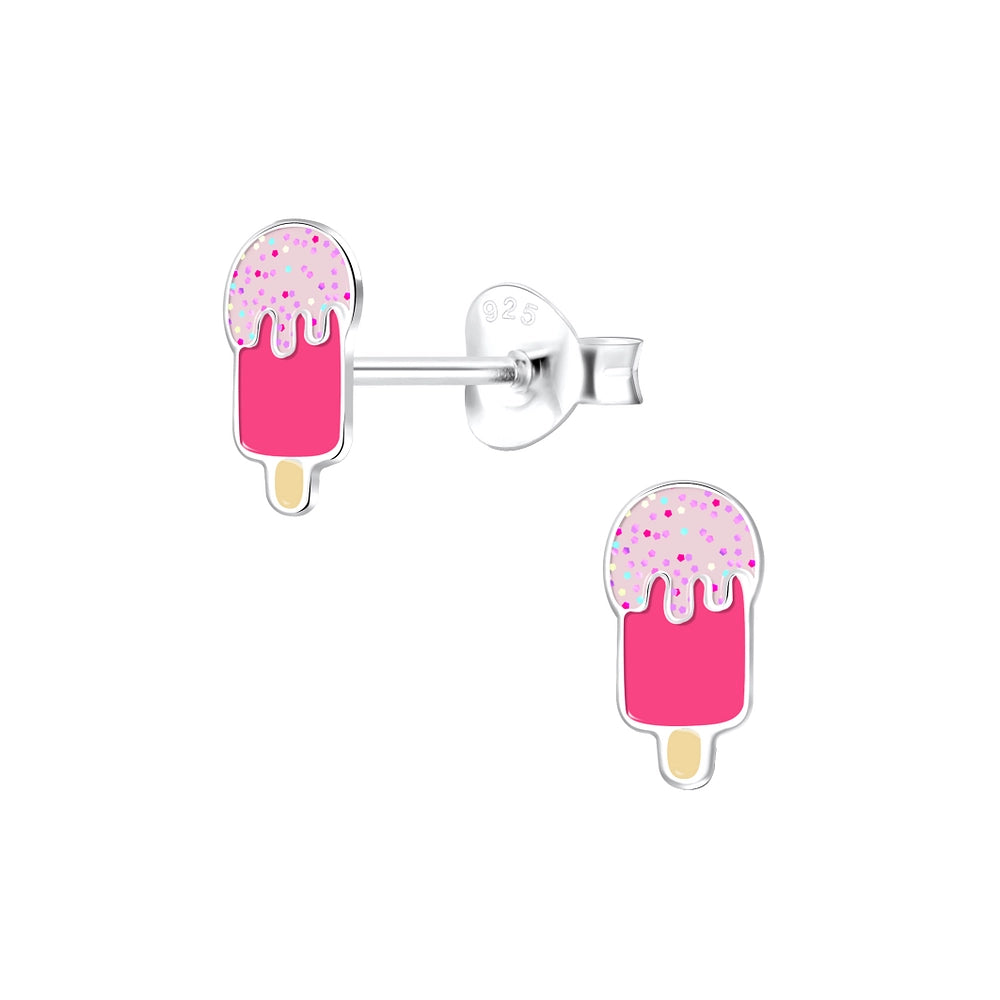 Melchior Jewellery pink glitter ear studs for girls shaped like ice cream popsicles in sterling silver