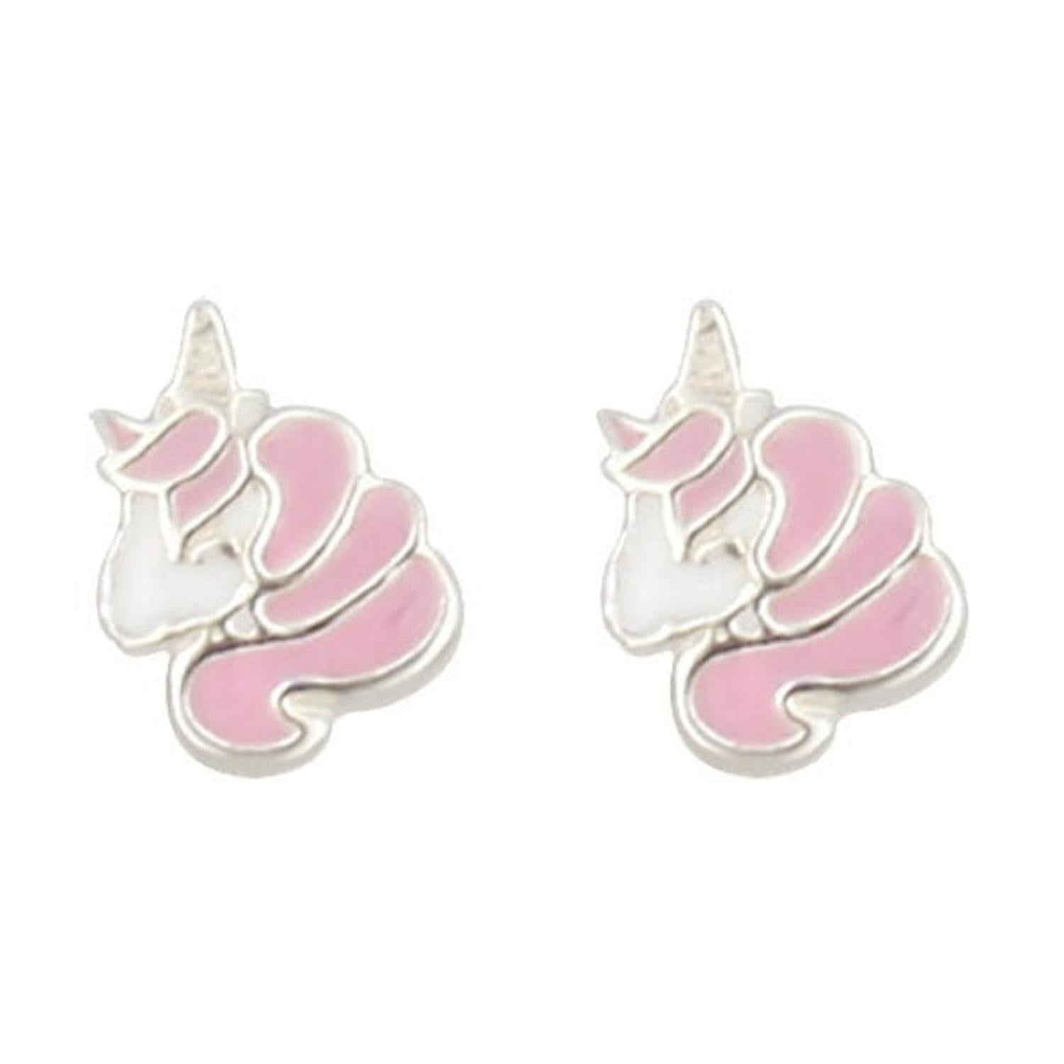 Pink unicorn stud earrings for kids by Melchior Jewellery with silver outline and pastel pink details
