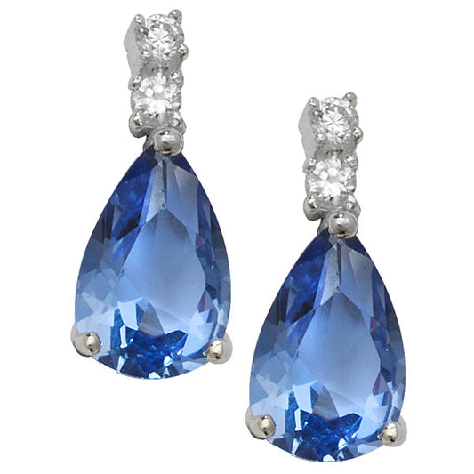 Sterling Silver CZ Pear Cut Blue Drop Earrings