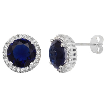 Sterling Silver CZ Sapphire & Clear Halo Stud Earrings