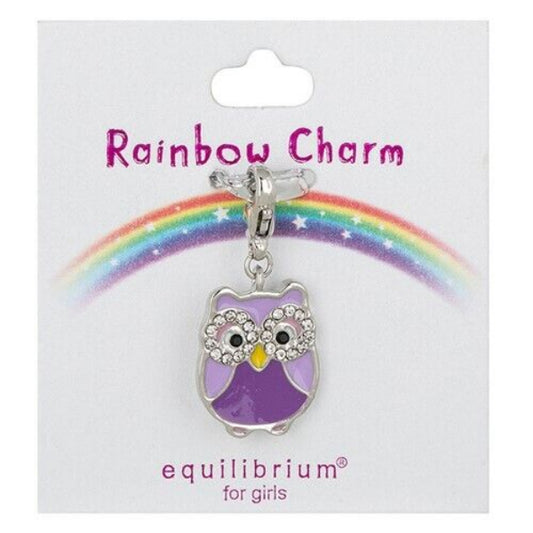 Melchior Jewellery children's enamel owl charm in purple with sparkling eyes on rainbow charm card