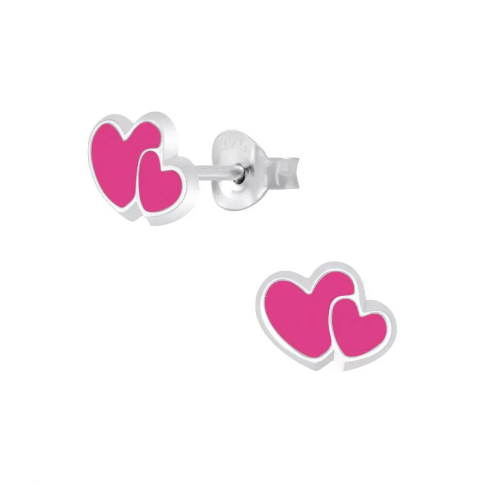 Children's Sterling Silver Pink Double Heart Stud Earrings