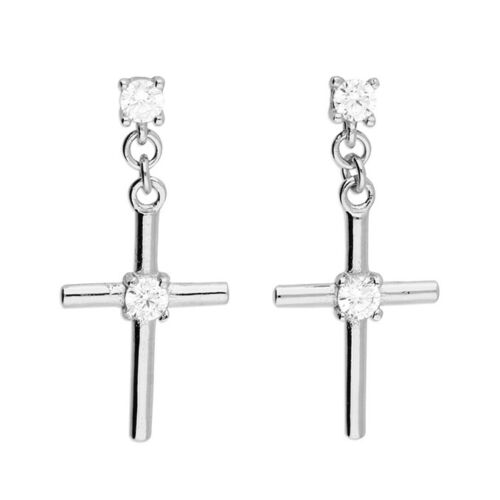 Sterling Silver Cubic Zirconia Cross Drop Earrings