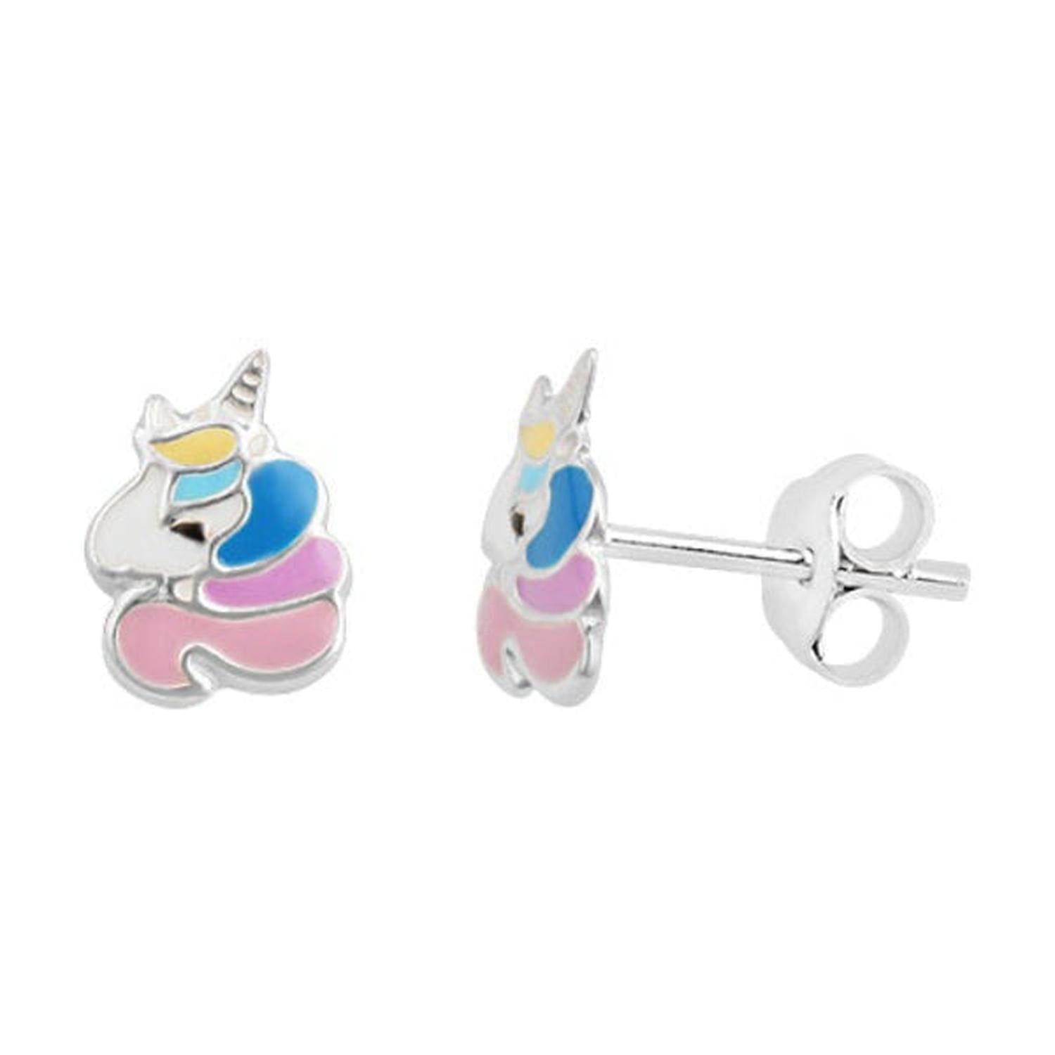 Melchior Jewellery safe stud earrings for little girls in unicorn design with colourful enamel details