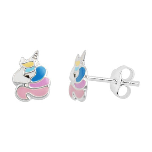 Melchior Jewellery safe stud earrings for little girls in unicorn design with colourful enamel details