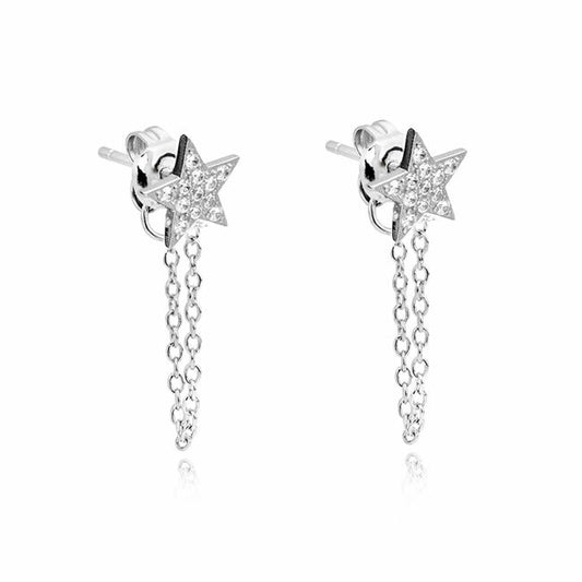 Sterling Silver Pave Star Chain Drop Earrings