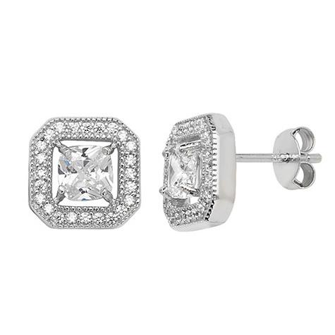 Sterling Silver Rhodium Plated White Cubic Zirconia Square Earrings
