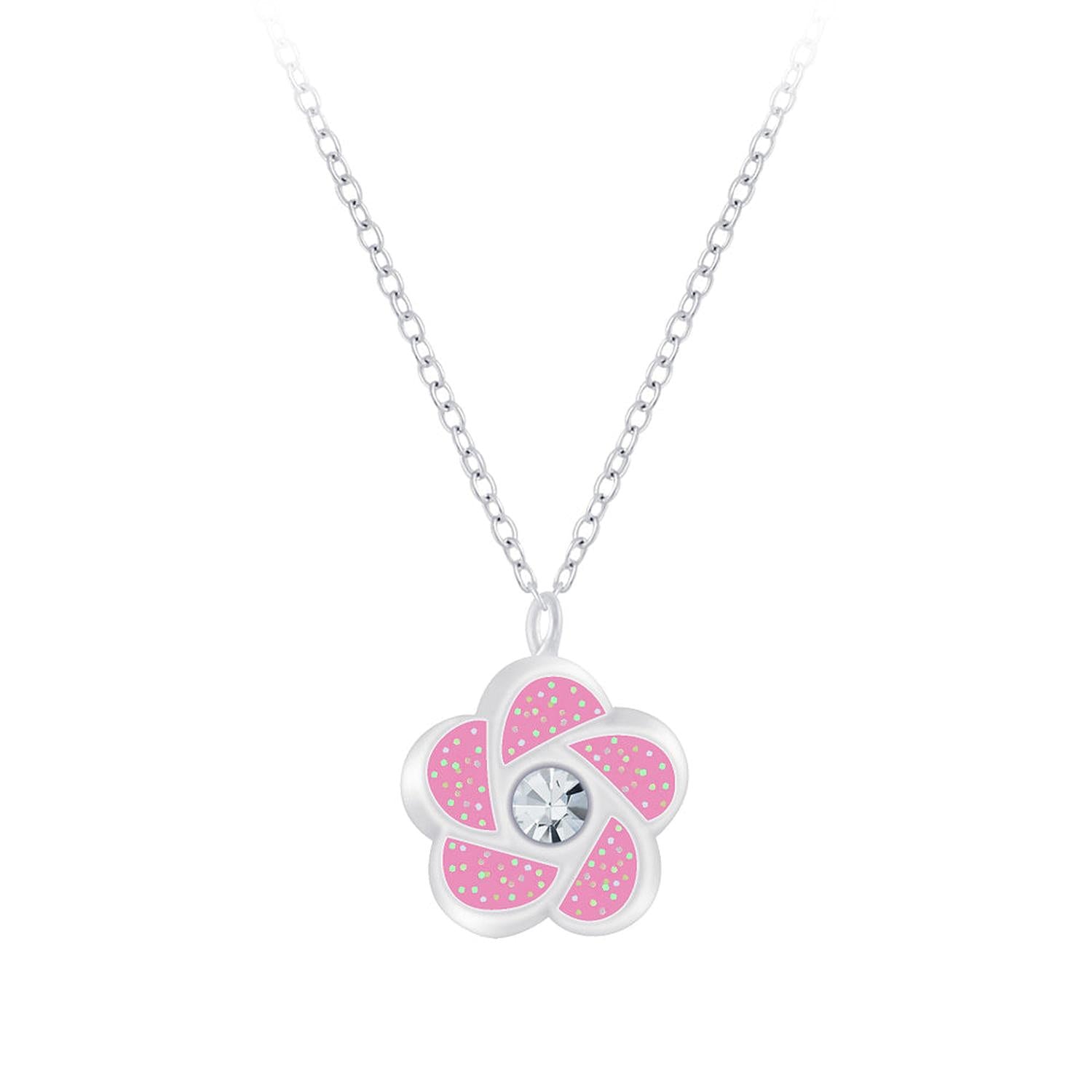 sterling silver pink flower necklace for children with crystal centre by Melchior Jewellery