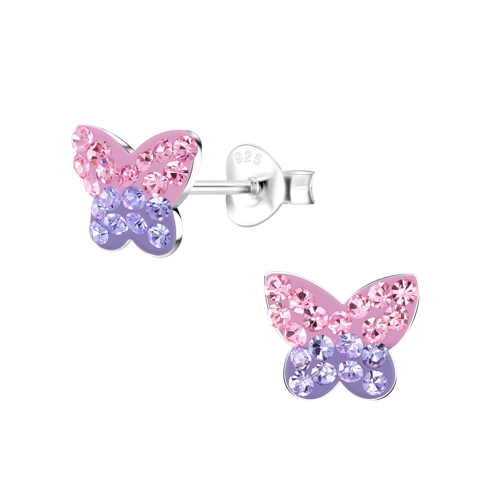 Sparkle butterfly earrings for girls by Melchior Jewellery in pink and purple crystal design