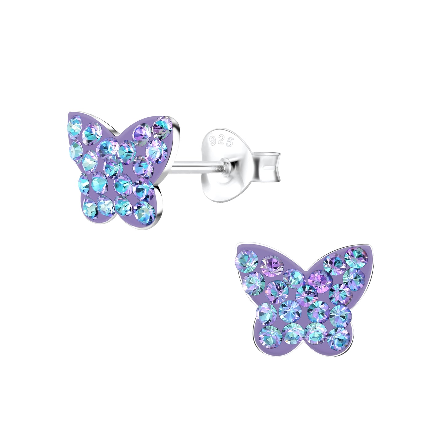 Melchior Jewellery sparkly butterfly earrings for children in purple with blue and lilac crystals