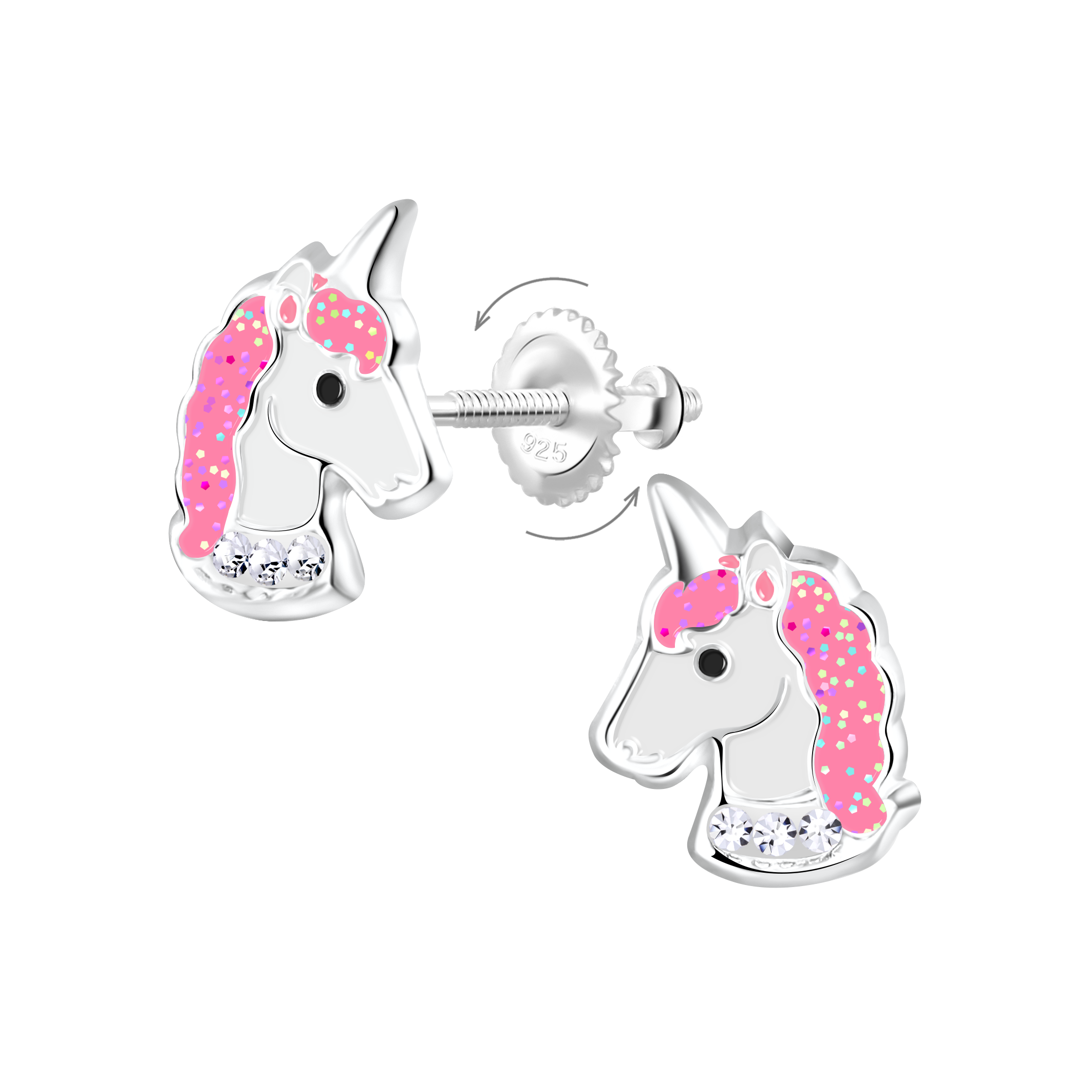 Melchior Jewellery sparkly unicorn screw back earrings for kids with pink manes and silver detailing