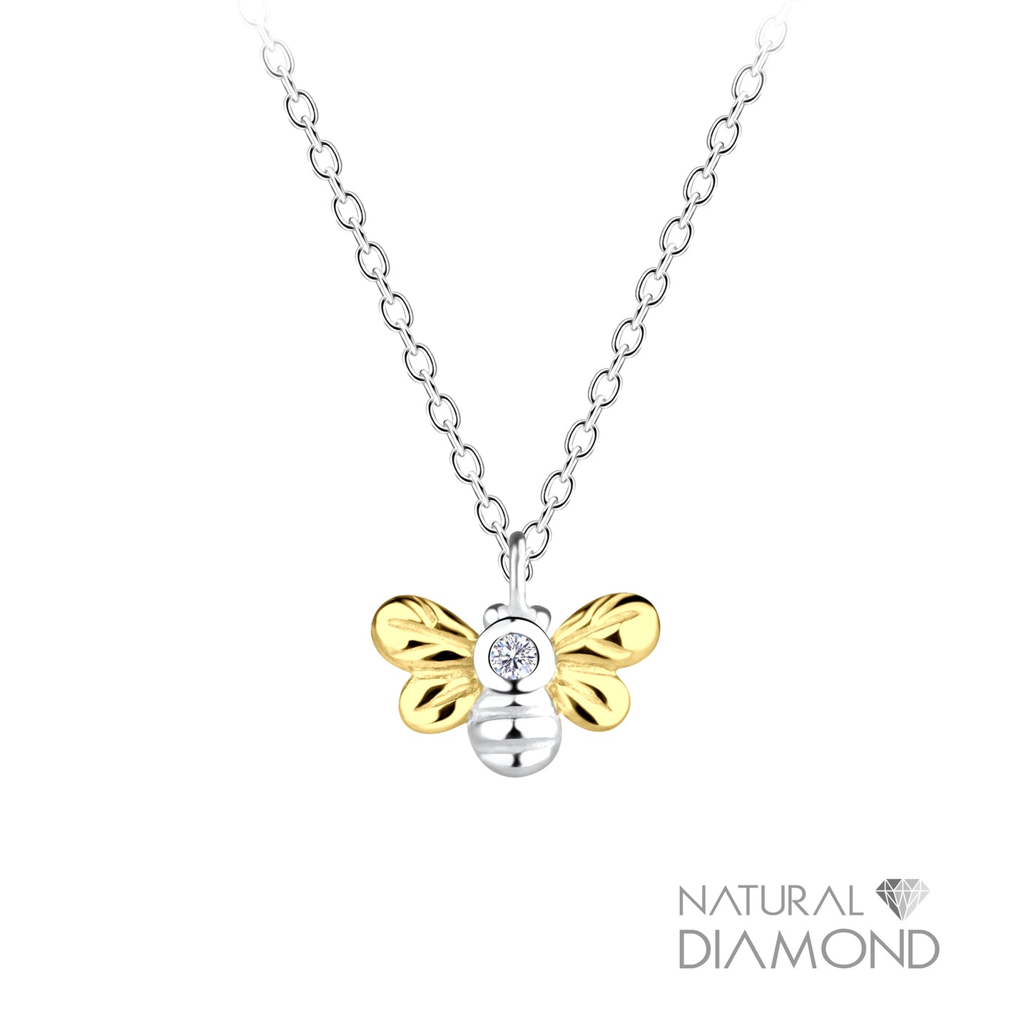 Melchior Jewellery sterling silver bee necklace with gold wings and diamond detail on silver chain