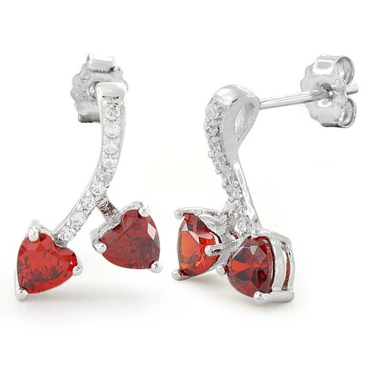 Sterling Silver Red CZ Cherry Heart Earrings