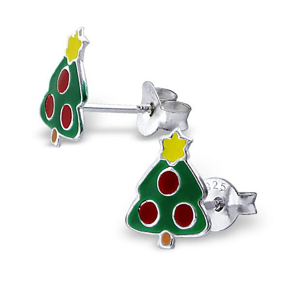 Children's Christmas Tree Real Sterling Silver Stud Earrings - 