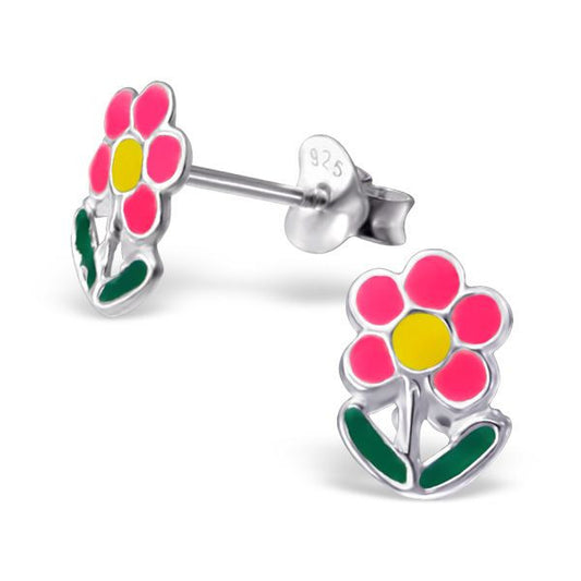 Childrens Colourful Flower Real Sterling Silver Stud Earrings - 