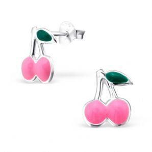 Children's Pink Cherry Real Sterling Silver Stud Earrings - 