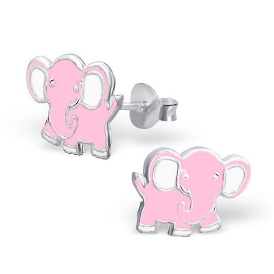 Childrens Pink Elephant Real Sterling Silver Stud Earrings - 