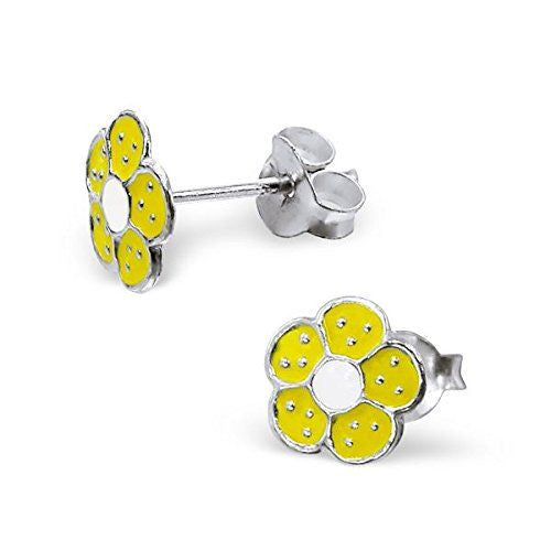 Children's Yellow Flower Real Sterling Silver Stud Stud Earrings - 